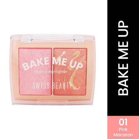 Swiss Beauty Bake Me Up Blush & Highlighter , 2-In-1 Baked Formula, Long-Lasting - Pink Macaron