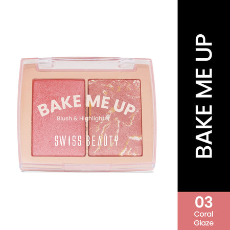 Swiss Beauty Bake Me Up Blush & Highlighter , 2-In-1 Baked Formula, Long-Lasting - Coral Glaze