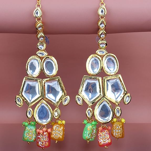 Tehzeeb Creations Back Meenakari Gold-Polished Multicolor Color Tika Earring Jewellery Set Uncut Big Faux Kundan Dibbi Kundan Choker Necklace Set