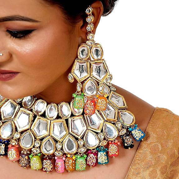 Tehzeeb Creations Back Meenakari Gold-Polished Multicolor Color Tika Earring Jewellery Set Uncut Big Faux Kundan Dibbi Kundan Choker Necklace Set