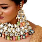 Tehzeeb Creations Back Meenakari Gold-Polished Multicolor Color Tika Earring Jewellery Set Uncut Big Faux Kundan Dibbi Kundan Choker Necklace Set