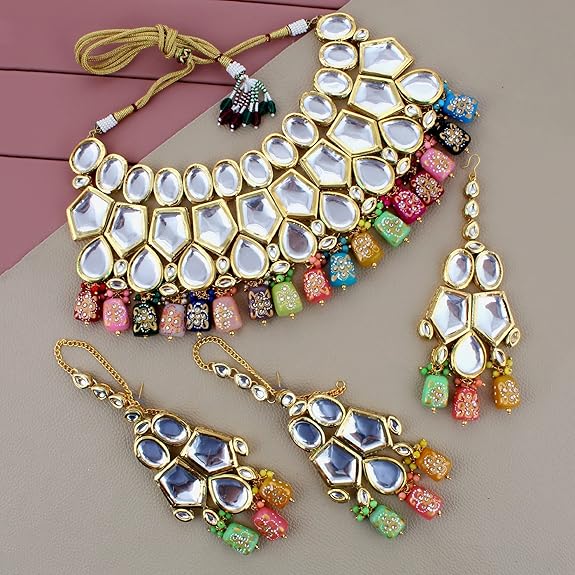 Tehzeeb Creations Back Meenakari Gold-Polished Multicolor Color Tika Earring Jewellery Set Uncut Big Faux Kundan Dibbi Kundan Choker Necklace Set