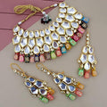 Tehzeeb Creations Back Meenakari Gold-Polished Multicolor Color Tika Earring Jewellery Set Uncut Big Faux Kundan Dibbi Kundan Choker Necklace Set