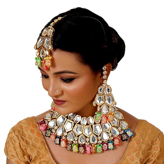 Tehzeeb Creations Back Meenakari Gold-Polished Multicolor Color Tika Earring Jewellery Set Uncut Big Faux Kundan Dibbi Kundan Choker Necklace Set