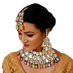 Tehzeeb Creations Back Meenakari Gold-Polished Multicolor Color Tika Earring Jewellery Set Uncut Big Faux Kundan Dibbi Kundan Choker Necklace Set