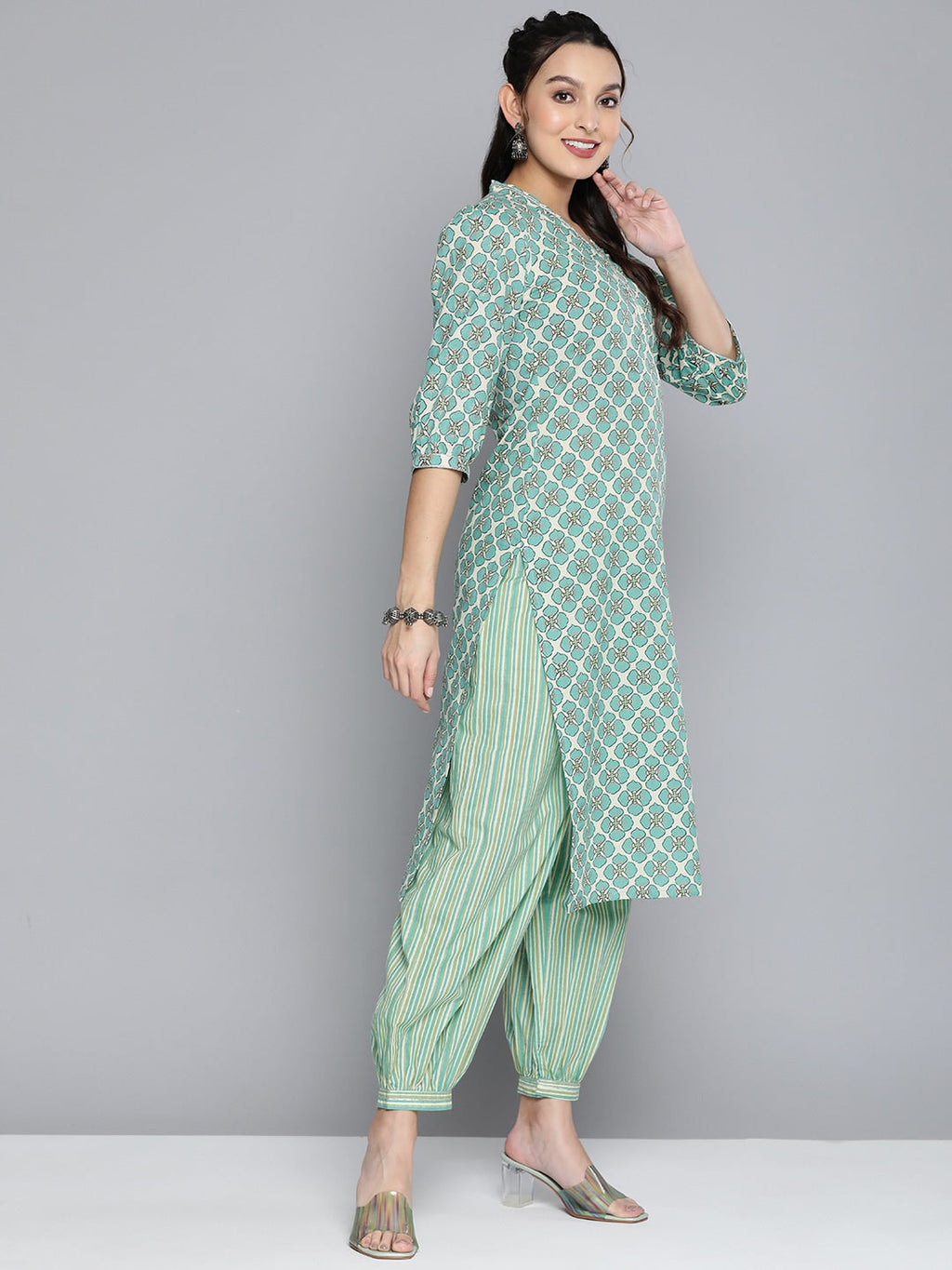 HERE&NOW Women Off White Ethnic Motifs Printed Pure Cotton Kurta with Palazzos & With Dupatta