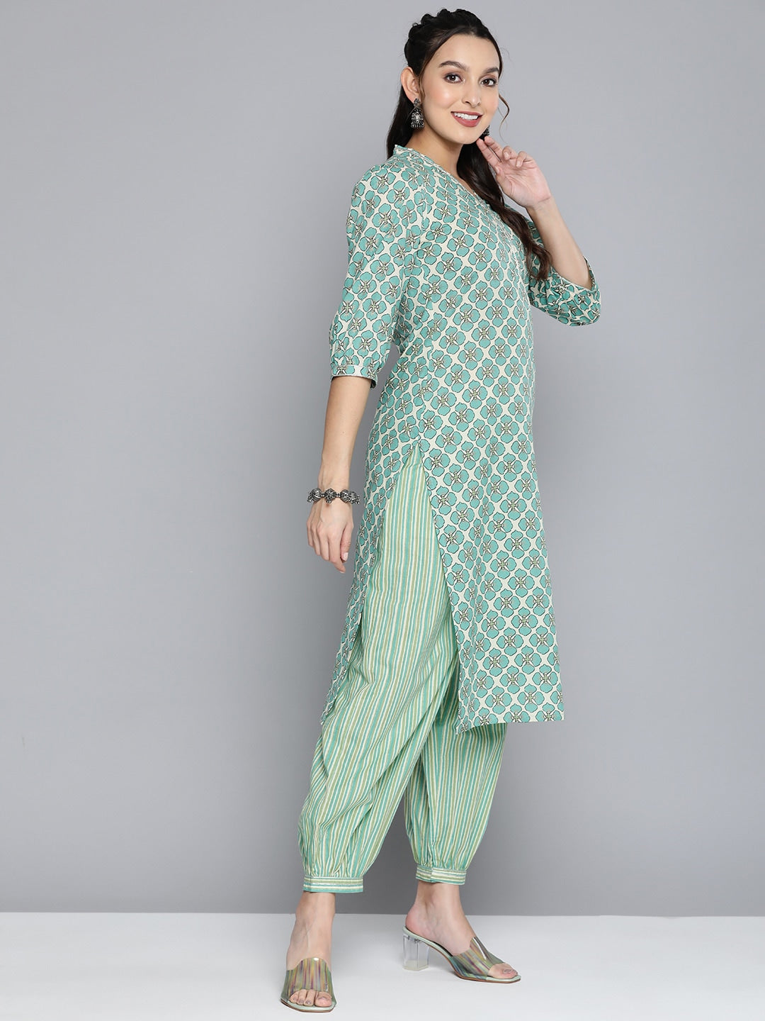 HERE&NOW Women Off White Ethnic Motifs Printed Pure Cotton Kurta with Palazzos & With Dupatta