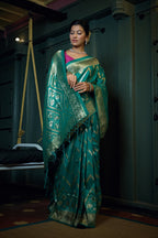Vardha Tiffany Blue Golden Zari Banarasi Silk Saree