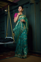 Vardha Tiffany Blue Golden Zari Banarasi Silk Saree