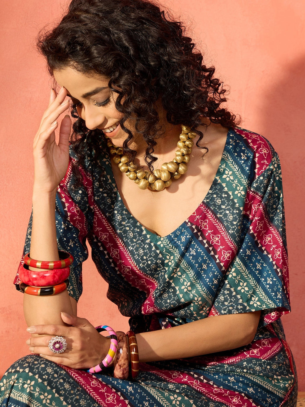 InWeave Teal Hunter Batik Floral Foil Waist Tie-Up Co Ord Set - Distacart