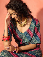 InWeave Teal Hunter Batik Floral Foil Waist Tie-Up Co Ord Set - Distacart