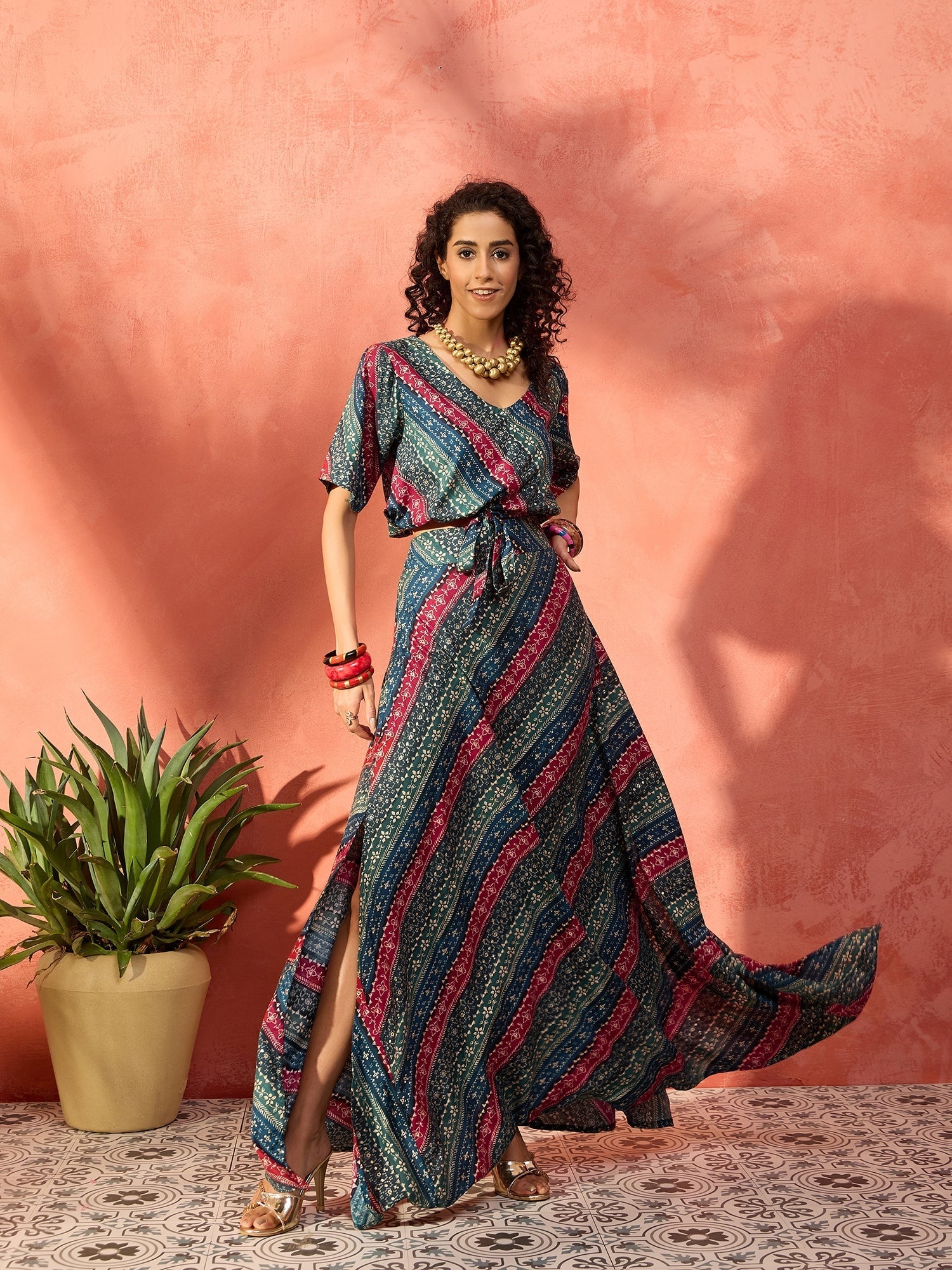 InWeave Teal Hunter Batik Floral Foil Waist Tie-Up Co Ord Set - Distacart
