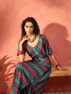 InWeave Teal Hunter Batik Floral Foil Waist Tie-Up Co Ord Set - Distacart