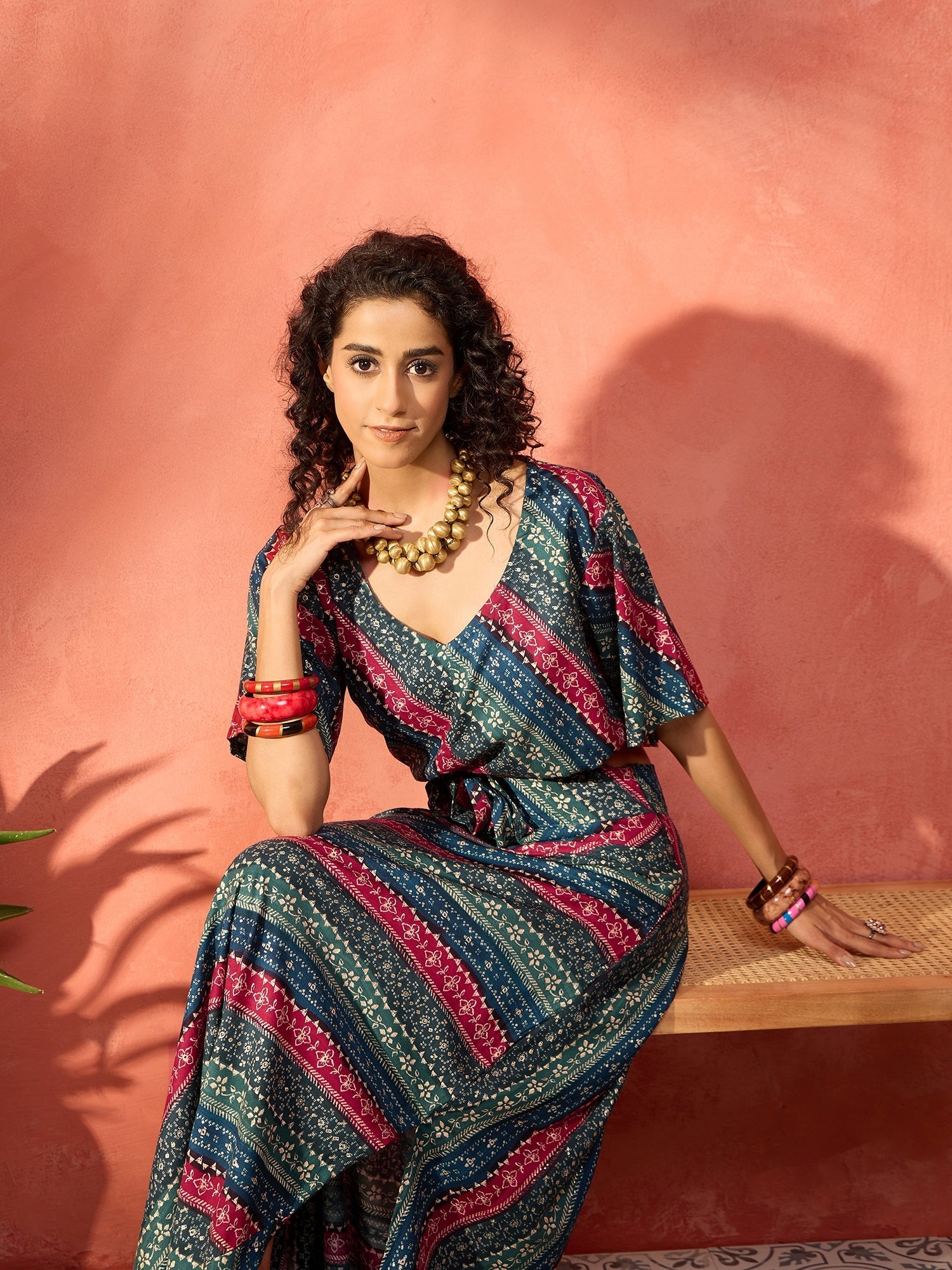 InWeave Teal Hunter Batik Floral Foil Waist Tie-Up Co Ord Set - Distacart