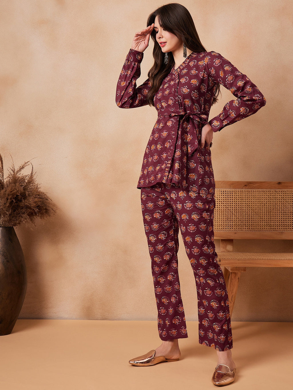 InWeave Burgundy Floral Boota Co Ord Set With Belt