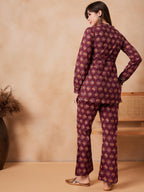 InWeave Burgundy Floral Boota Co Ord Set With Belt
