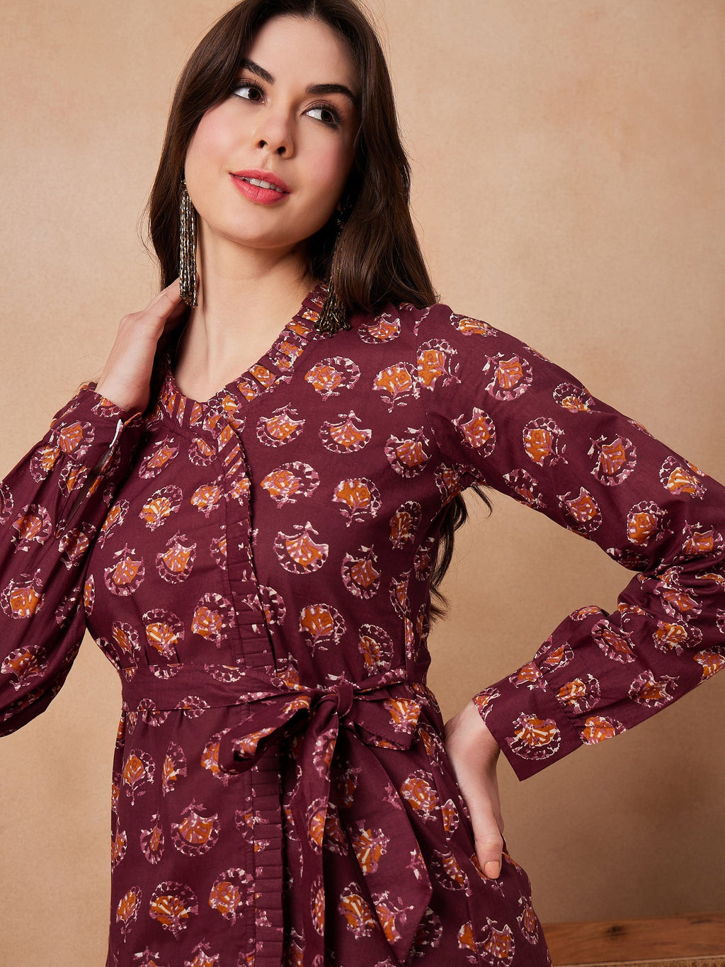 InWeave Burgundy Floral Boota Co Ord Set With Belt