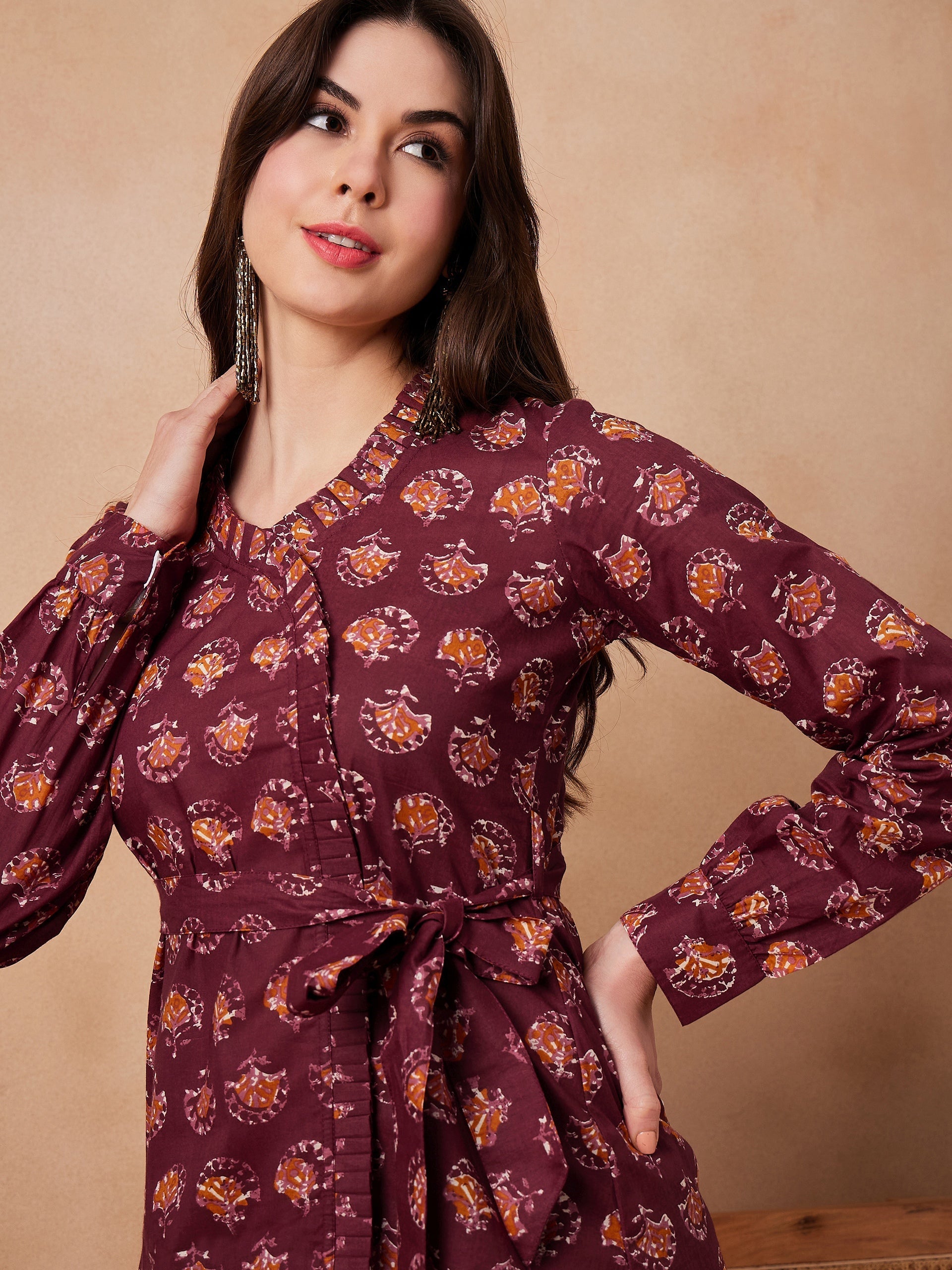 InWeave Burgundy Floral Boota Co Ord Set With Belt
