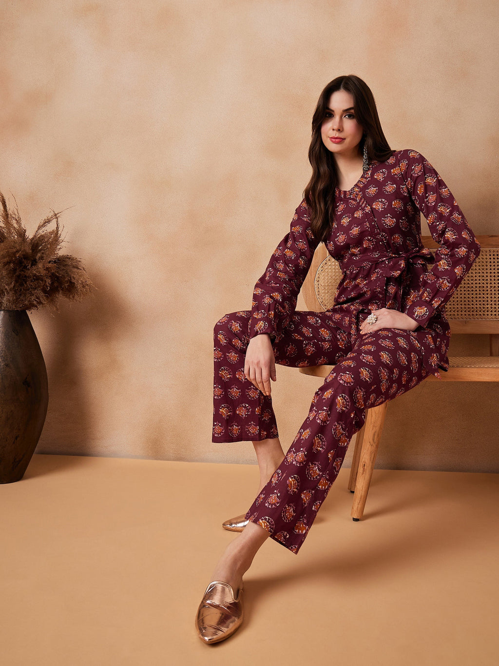 InWeave Burgundy Floral Boota Co Ord Set With Belt