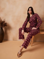 InWeave Burgundy Floral Boota Co Ord Set With Belt