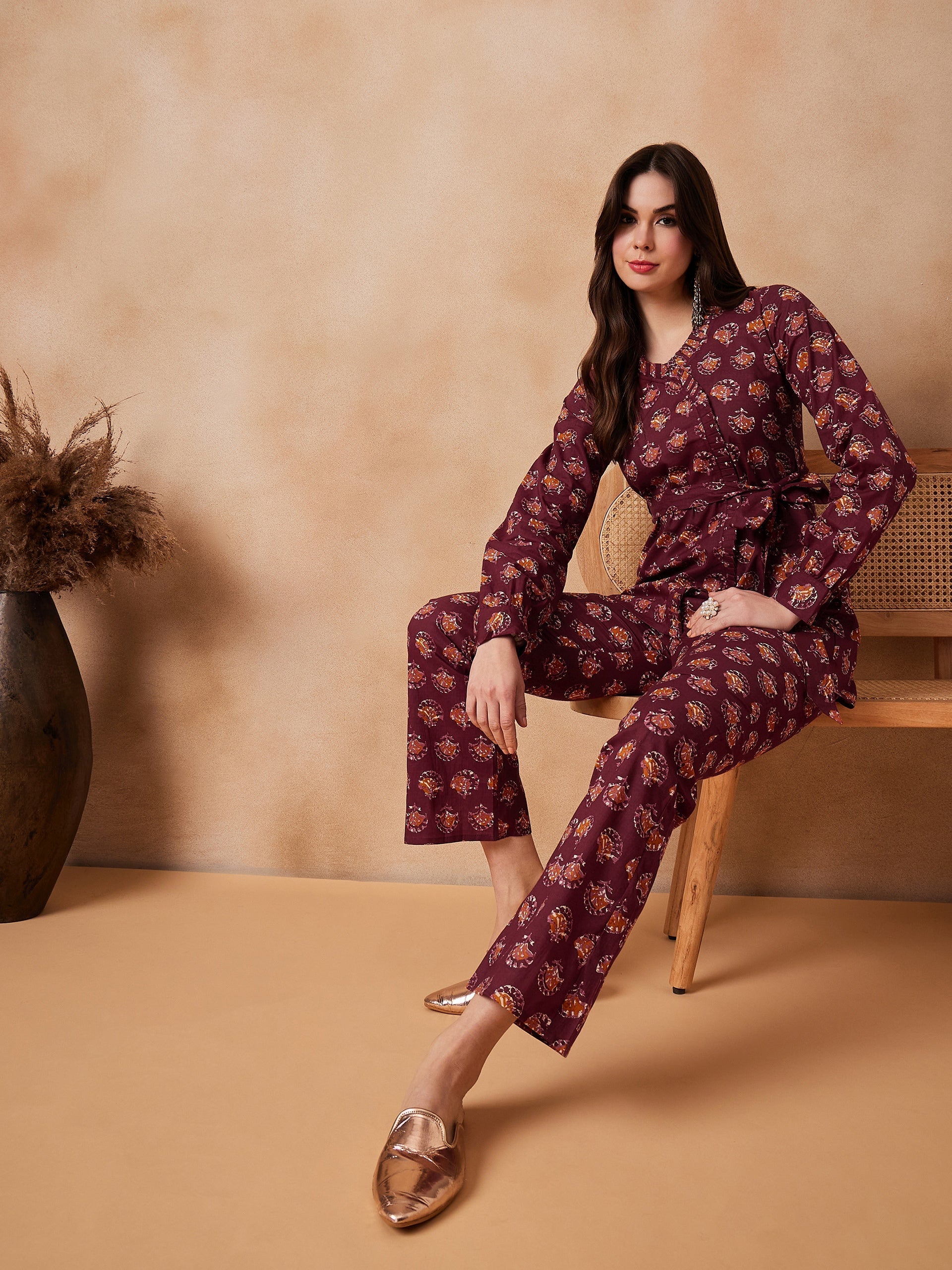 InWeave Burgundy Floral Boota Co Ord Set With Belt