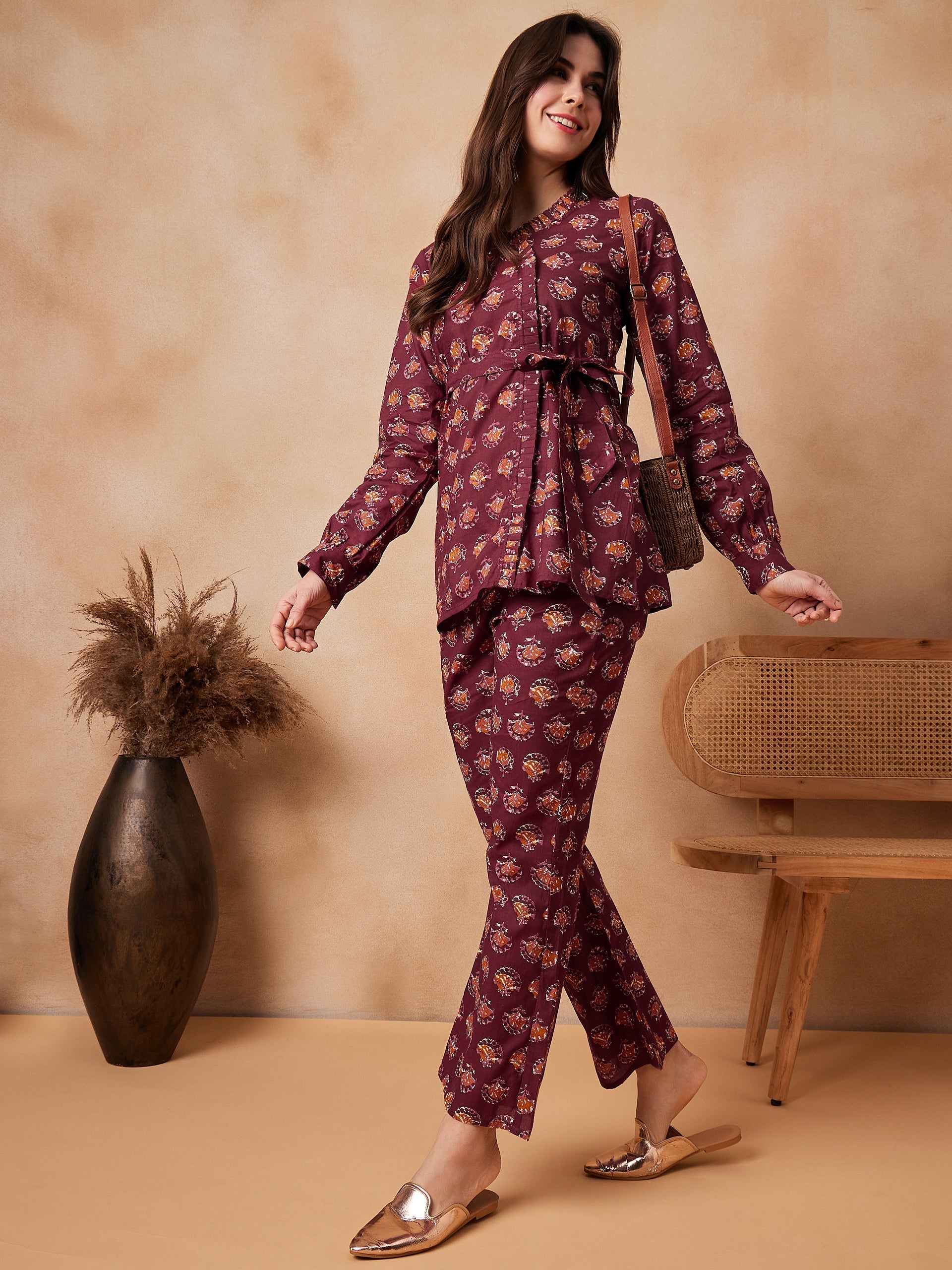 InWeave Burgundy Floral Boota Co Ord Set With Belt