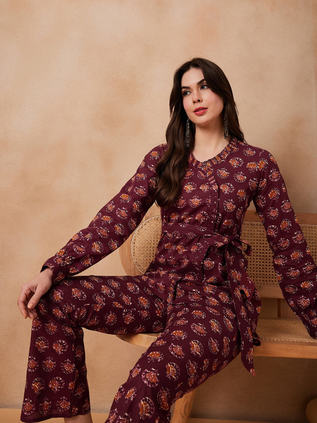 InWeave Burgundy Floral Boota Co Ord Set With Belt