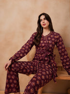 InWeave Burgundy Floral Boota Co Ord Set With Belt