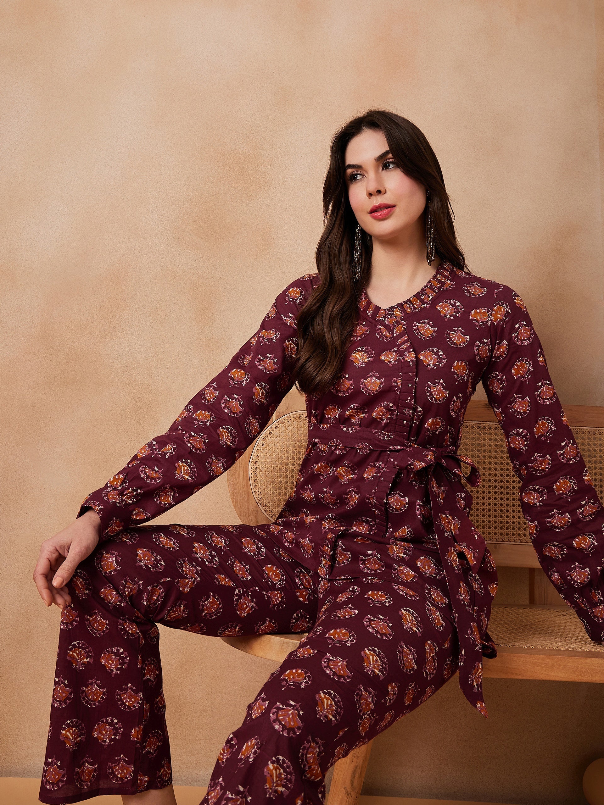 InWeave Burgundy Floral Boota Co Ord Set With Belt