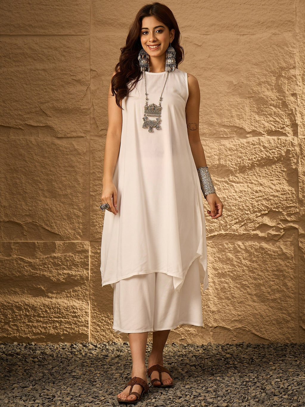 InWeave White Round Neck Short Palazzo Set