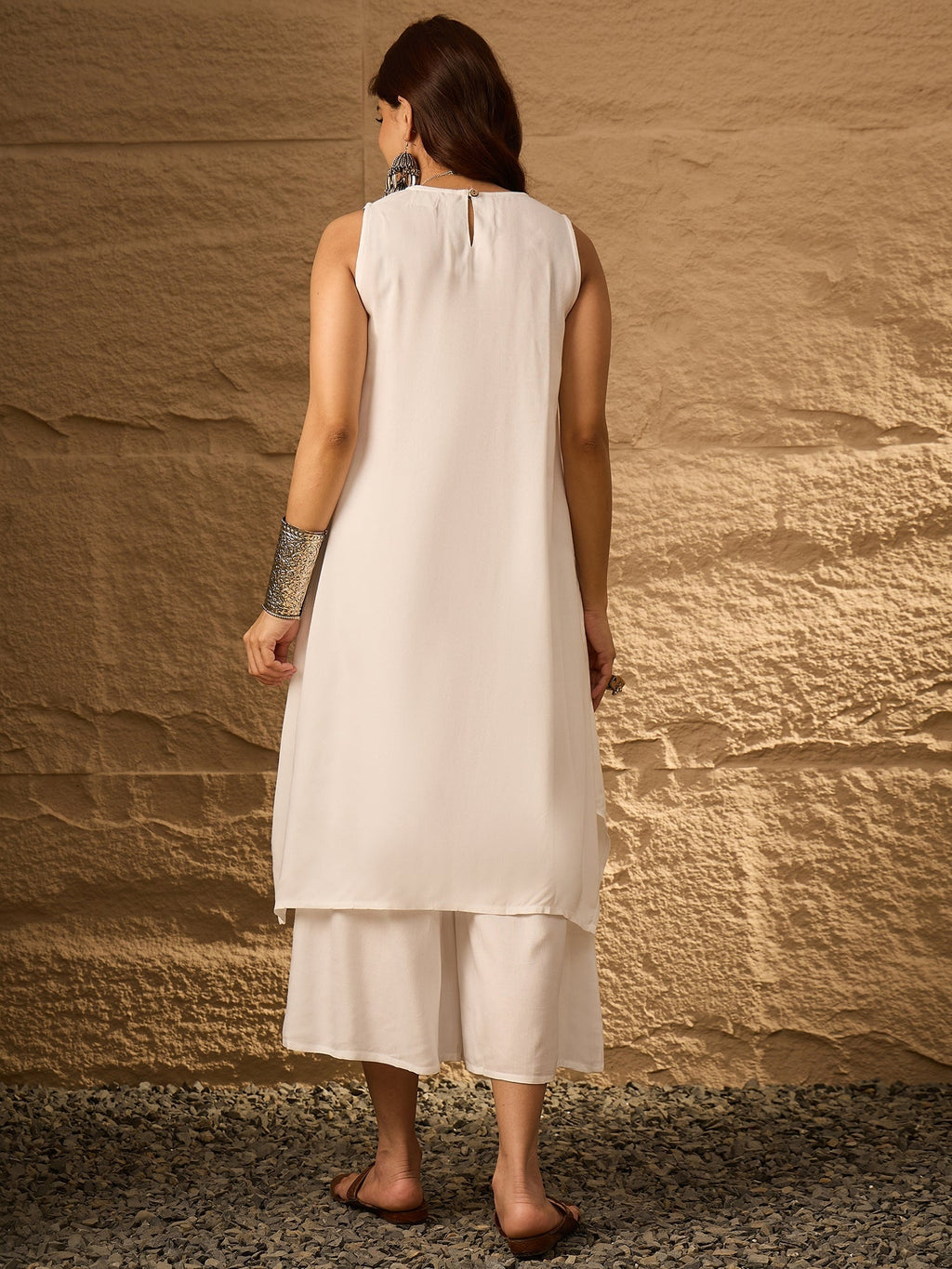 InWeave White Round Neck Short Palazzo Set