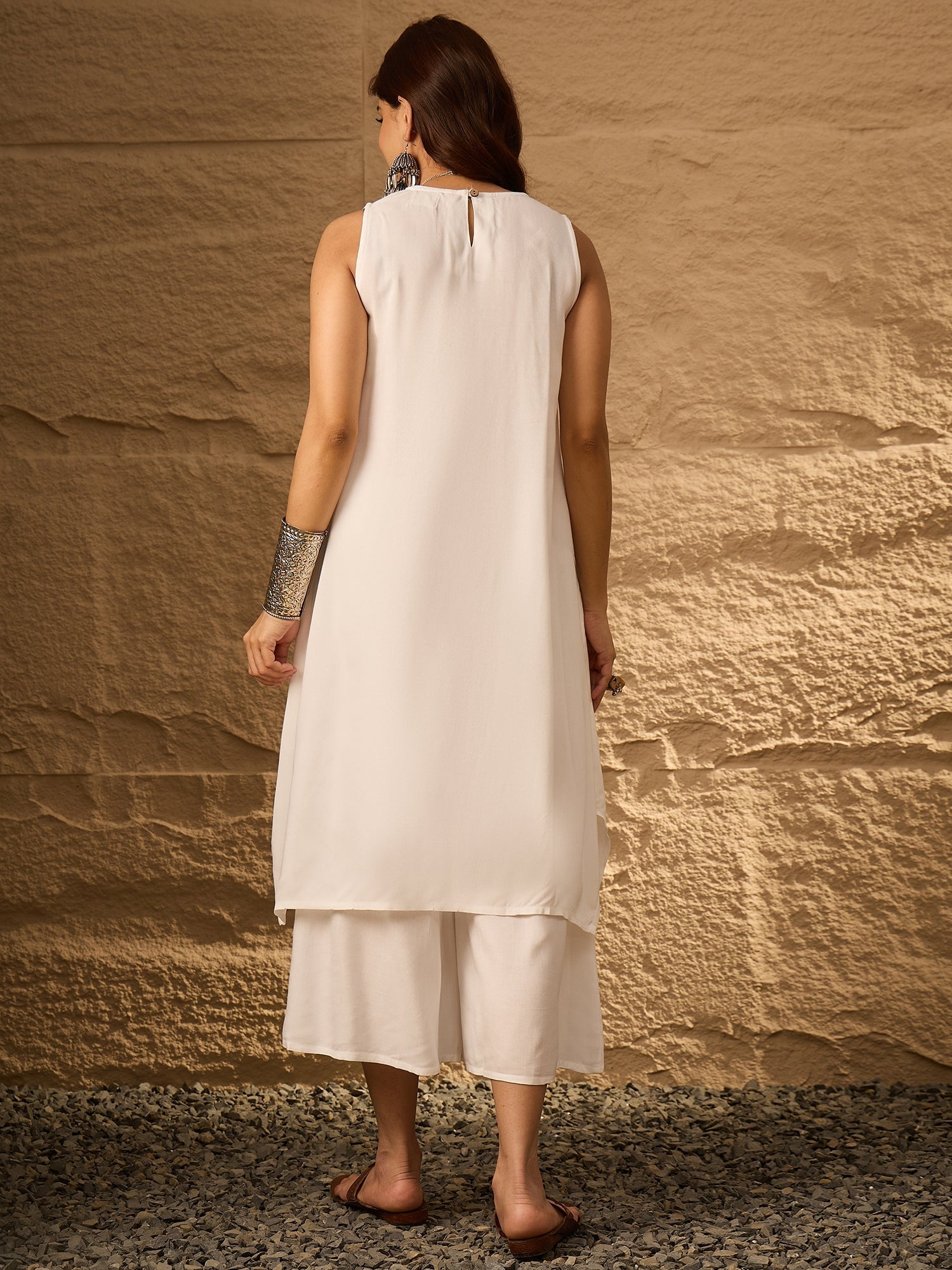 InWeave White Round Neck Short Palazzo Set