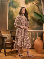 InWeave Light Brown Off White V Neck Flared Kurta Set - Distacart