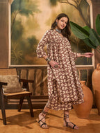 InWeave Light Brown Off White V Neck Flared Kurta Set - Distacart