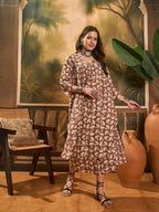 InWeave Light Brown Off White V Neck Flared Kurta Set - Distacart