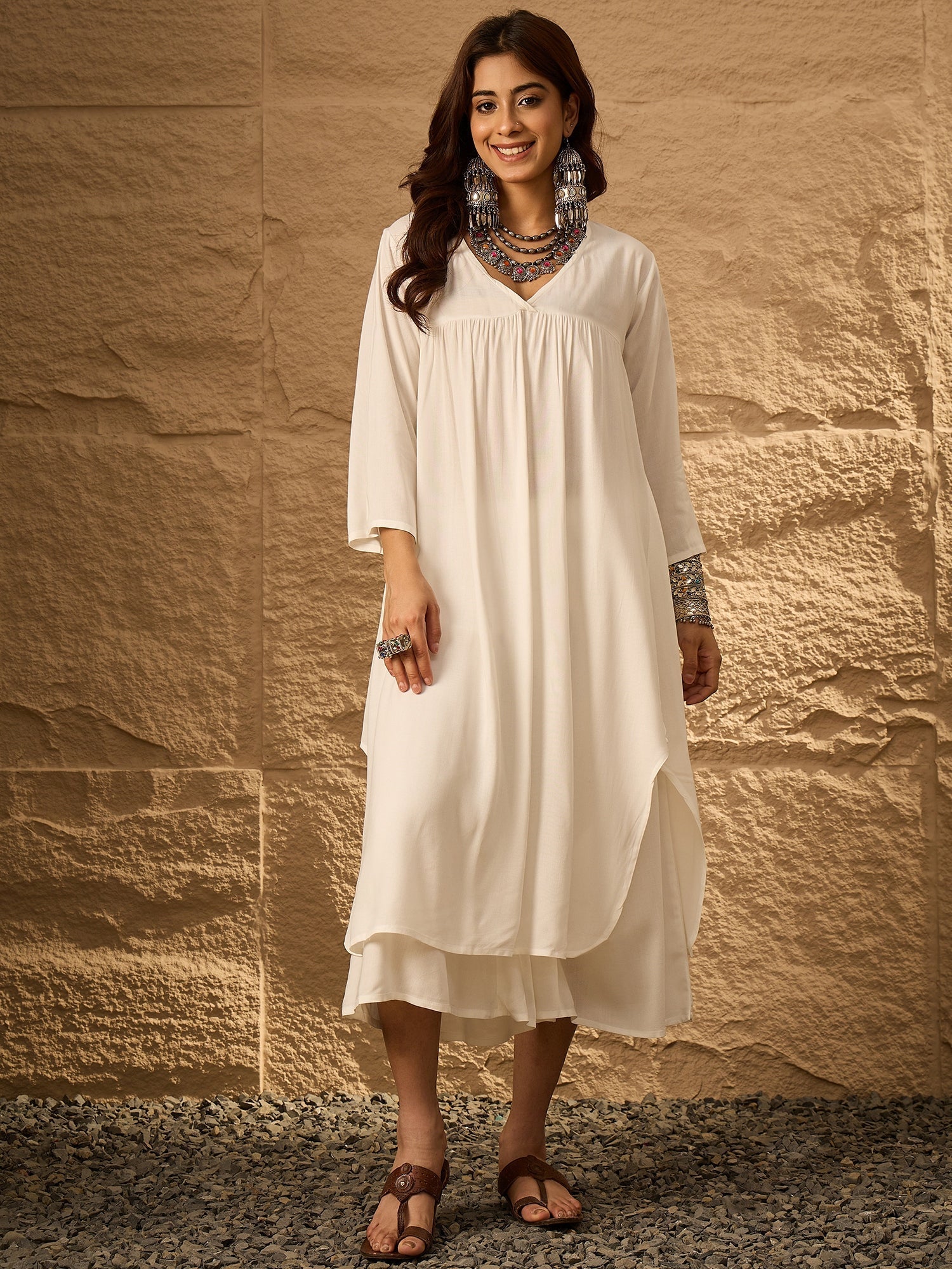 InWeave White Flared Kurta Palazzo Set - Distacart
