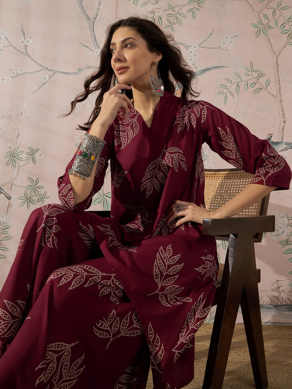InWeave Dark Maroon Leaf Mandarin Kurta Set