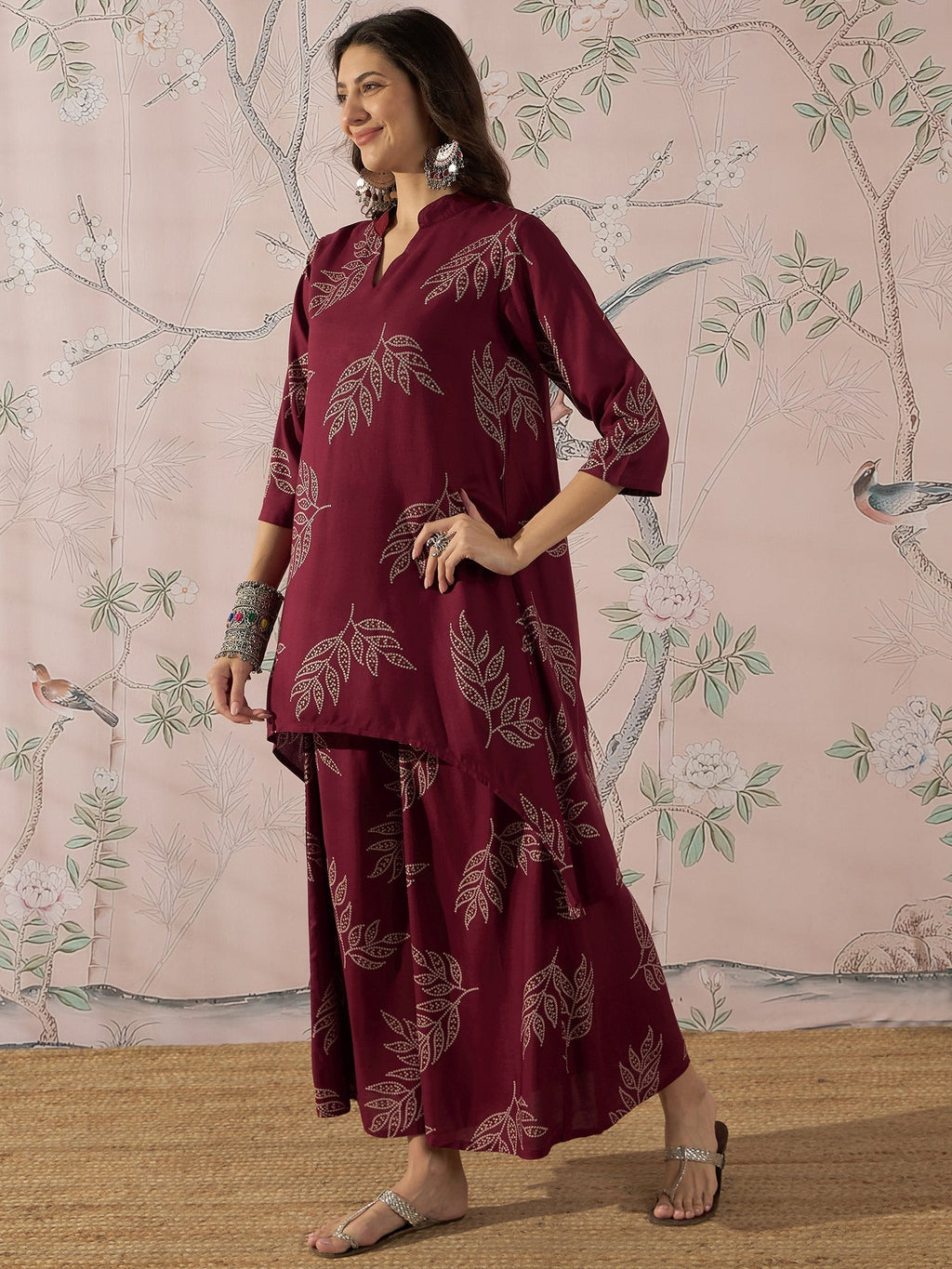 InWeave Dark Maroon Leaf Mandarin Kurta Set