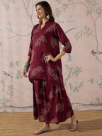 InWeave Dark Maroon Leaf Mandarin Kurta Set