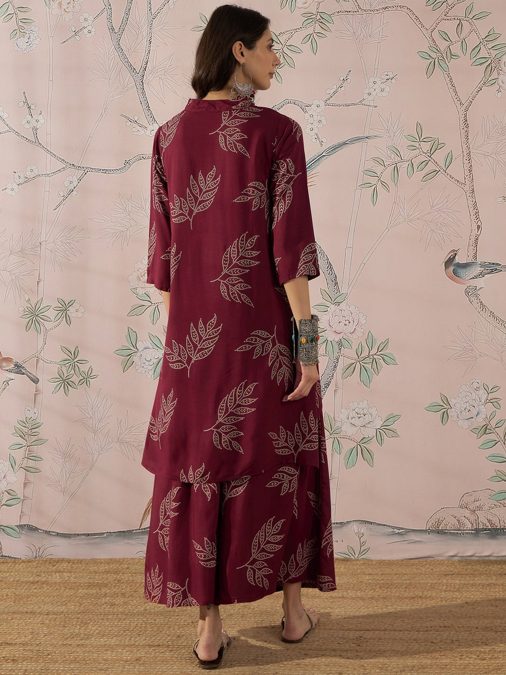 InWeave Dark Maroon Leaf Mandarin Kurta Set