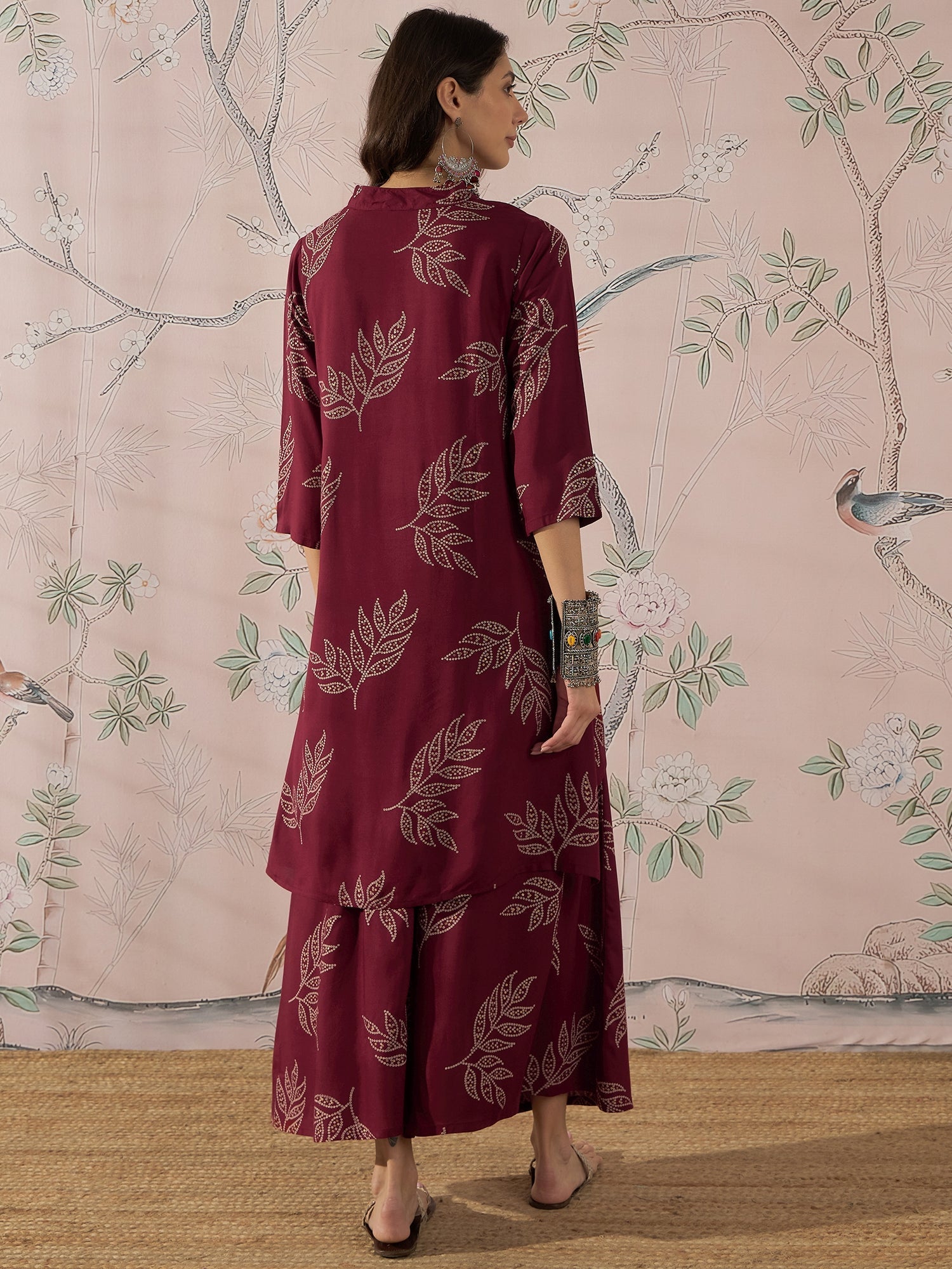 InWeave Dark Maroon Leaf Mandarin Kurta Set