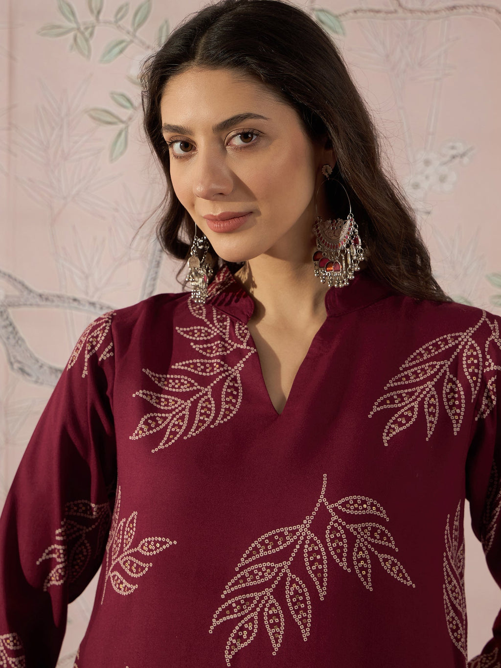 InWeave Dark Maroon Leaf Mandarin Kurta Set
