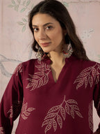 InWeave Dark Maroon Leaf Mandarin Kurta Set