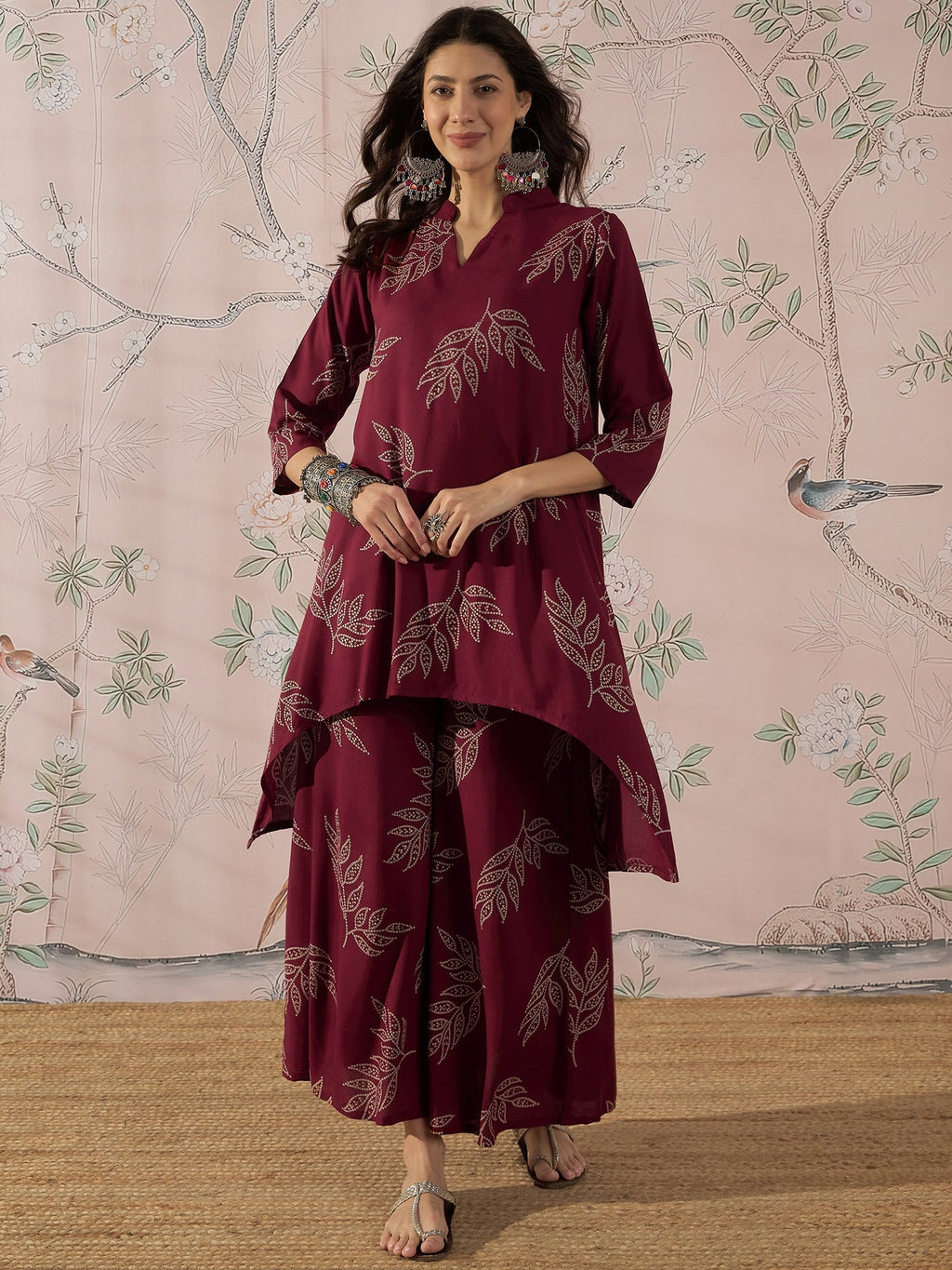 InWeave Dark Maroon Leaf Mandarin Kurta Set