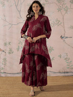 InWeave Dark Maroon Leaf Mandarin Kurta Set