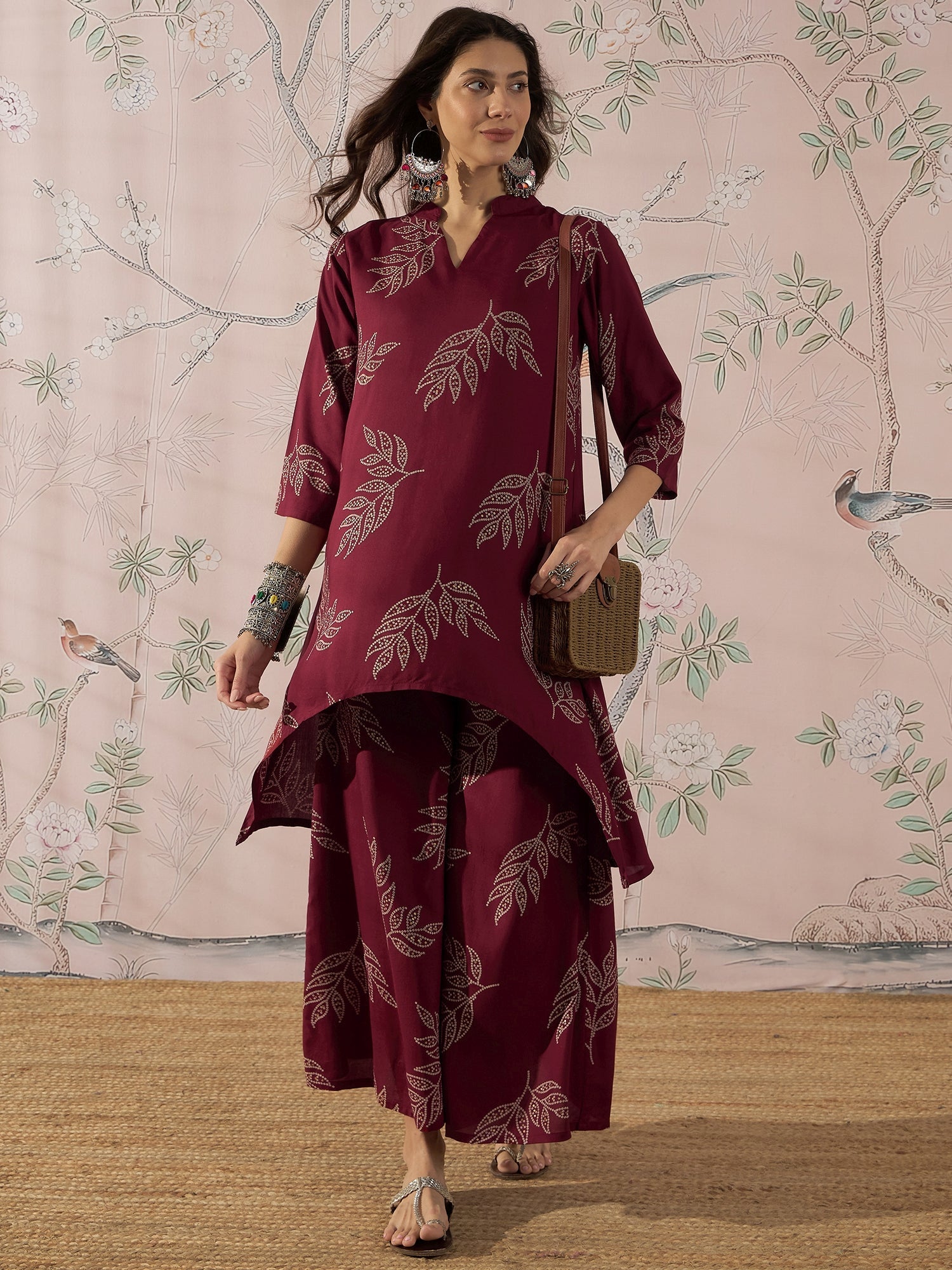 InWeave Dark Maroon Leaf Mandarin Kurta Set