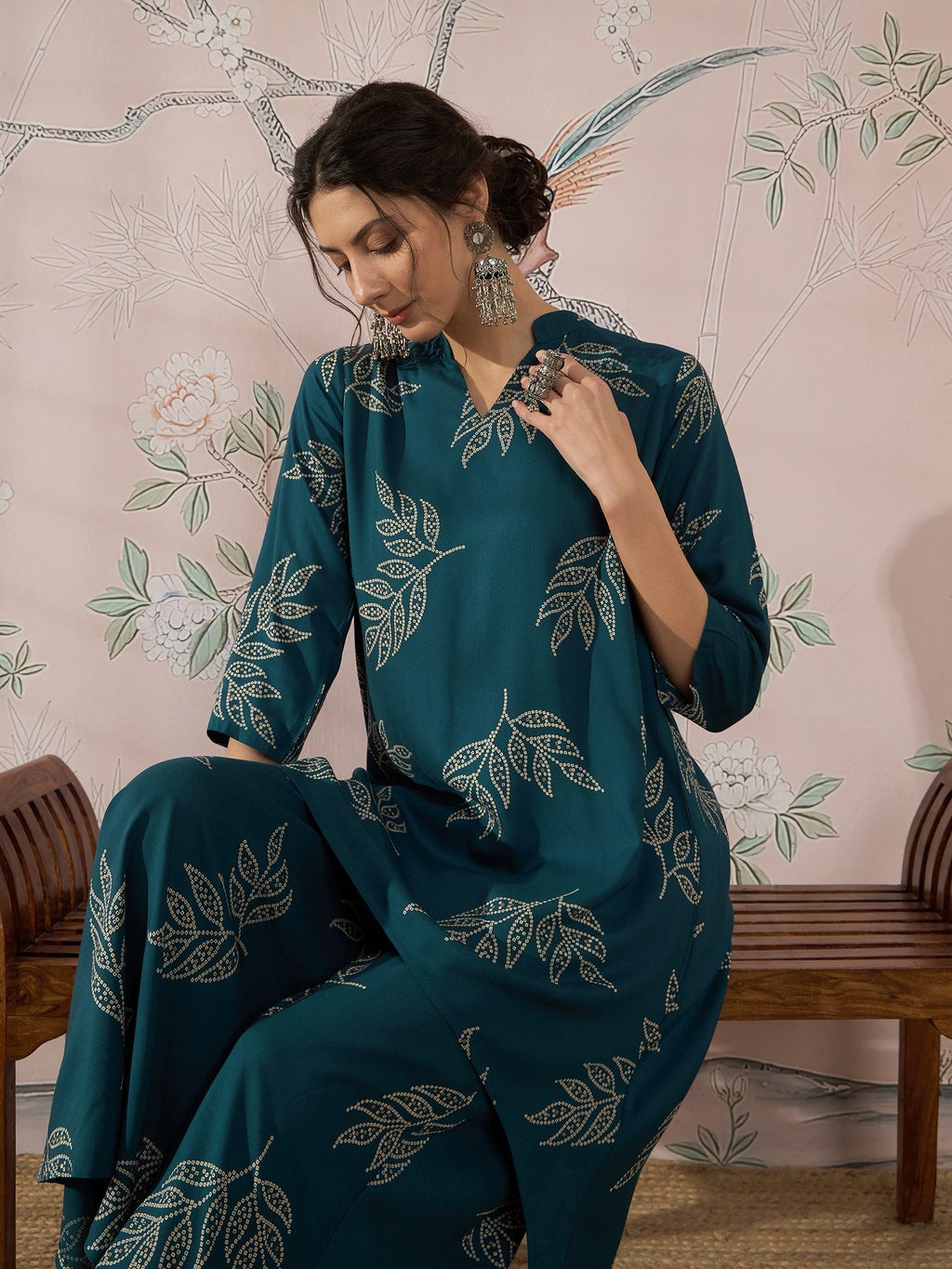 InWeave Dark Teal Leaf Mandarin Kurta Set