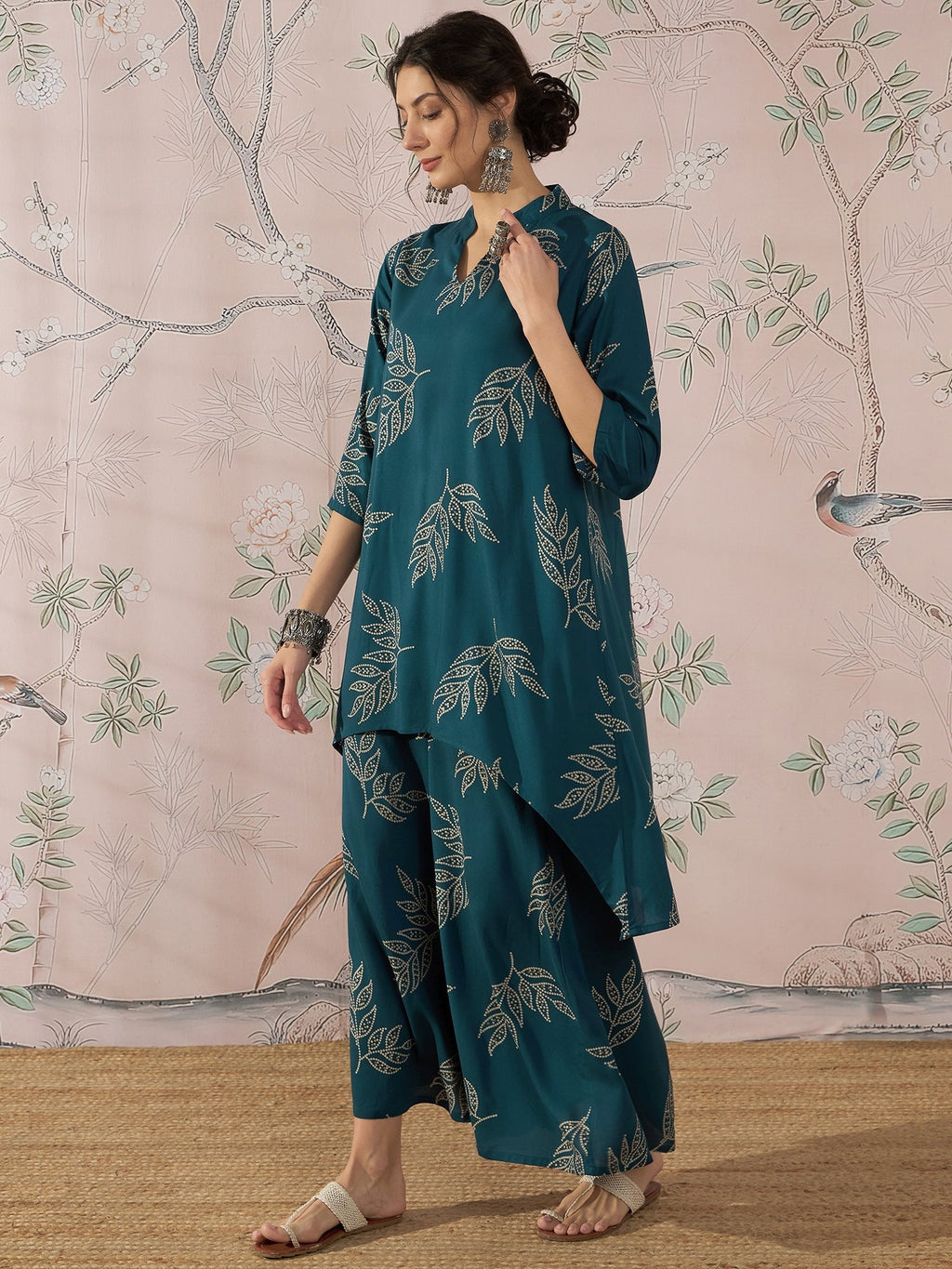 InWeave Dark Teal Leaf Mandarin Kurta Set
