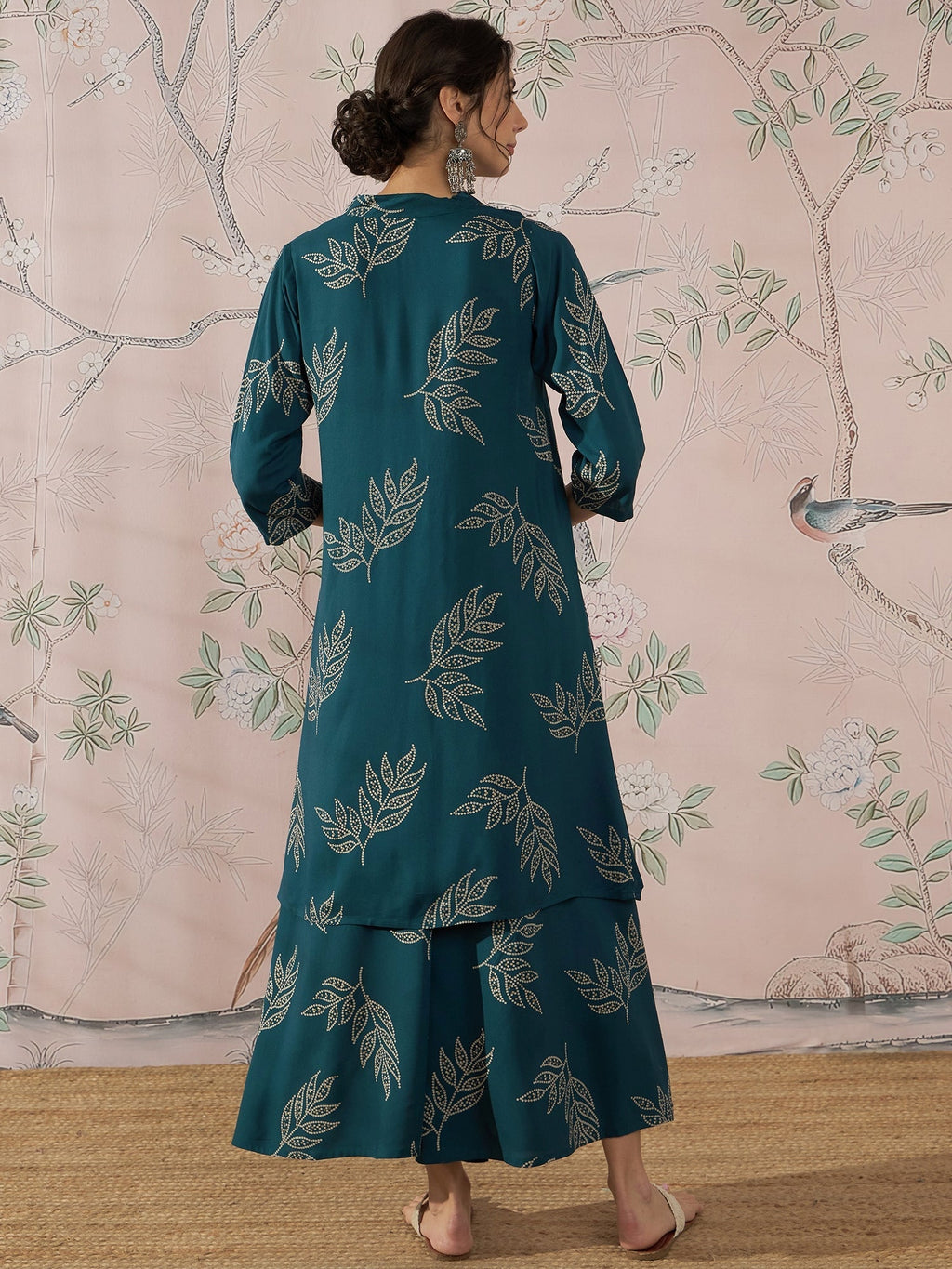 InWeave Dark Teal Leaf Mandarin Kurta Set