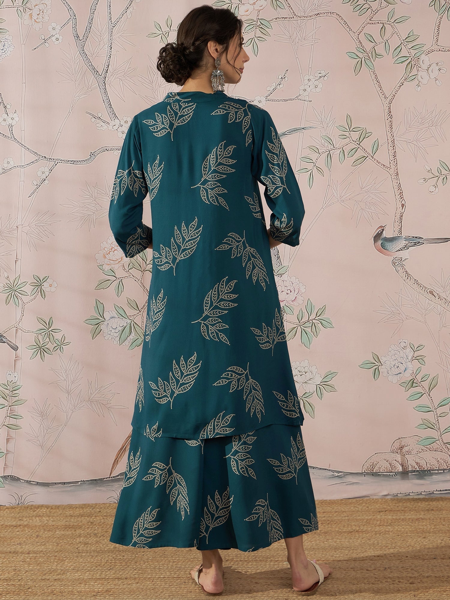 InWeave Dark Teal Leaf Mandarin Kurta Set